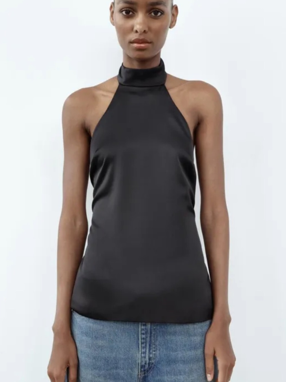 Zara Black Satin Halter Neck Tie Back Top | M
